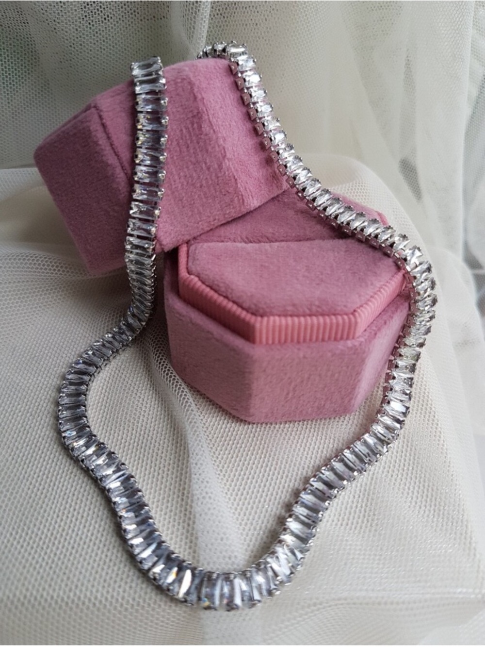 Swarovski Elements 925 Sterling Silver Baguette Tennis Necklace NEW
